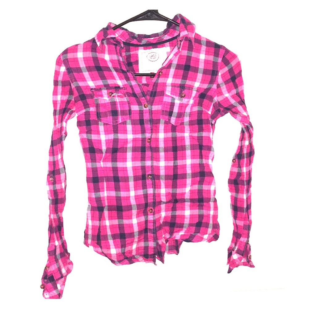 Pink Plaid Flannel-Style Lightweight Button Up
